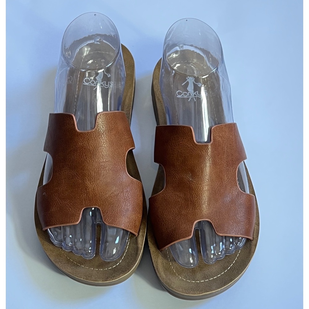 Corkys Bogalusa Slide Sandals‎ Womens 8 Cognac Brown H-Band Resort Vacay Sandals